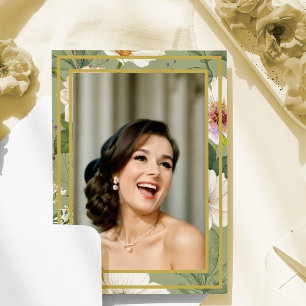 Convites 90 Foto: Dourada Floral Elegante Verde Aniversário