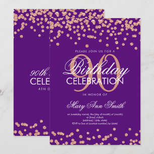 Convites 90 Roxo-Dourada Aniversário Glitter Confetti