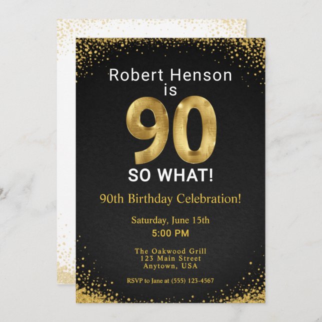 Convites 90 So What! Black Gold 90th Birthday (Frente/Verso)