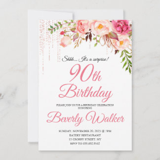 Convites 90 Surpresa de Aniversário Rosa Floral