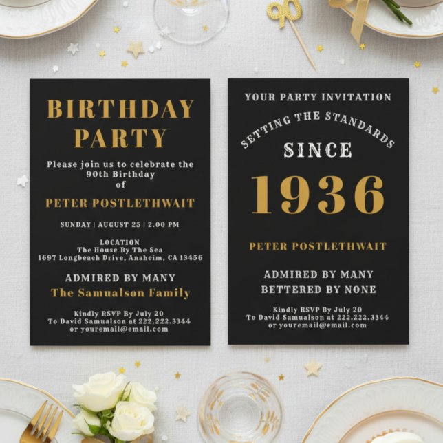 Convites 90th Birthday 1936 Black Gold Personalized For Him (1936 invitation. White background.)