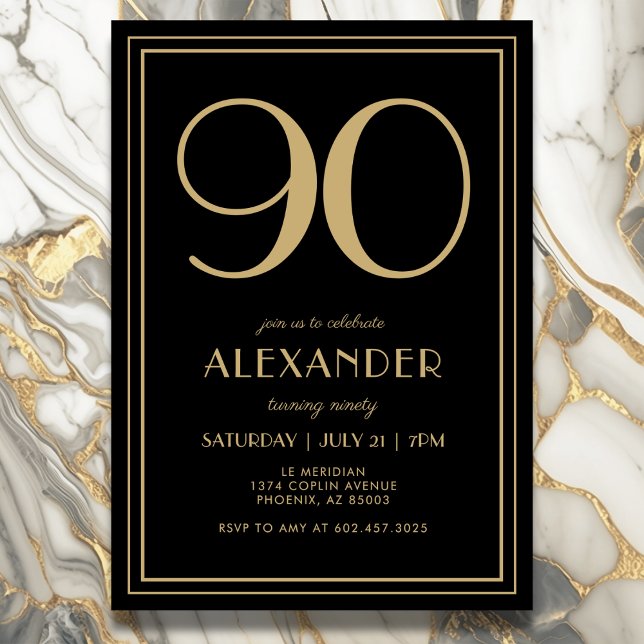 Convites 90th Birthday Black and Gold Modern Minimal Adult (Elegant black and gold 90th birthday invitation design for him or her.)