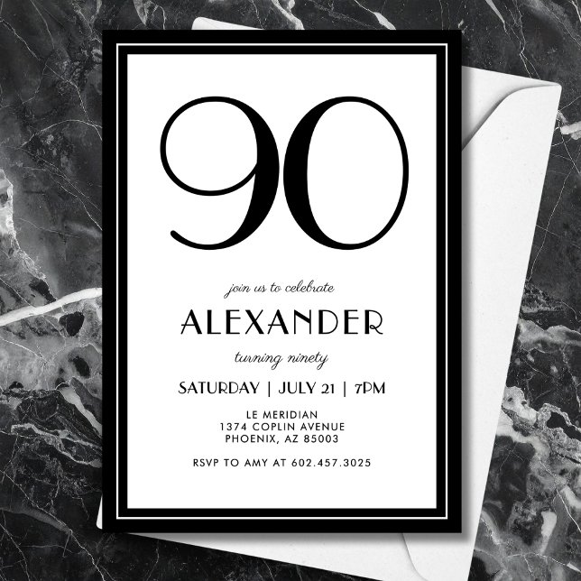 Convites 90th Birthday Black and White Modern Minimalist  (Modern black and white birthday style—minimalist typography for a timeless 90th.)