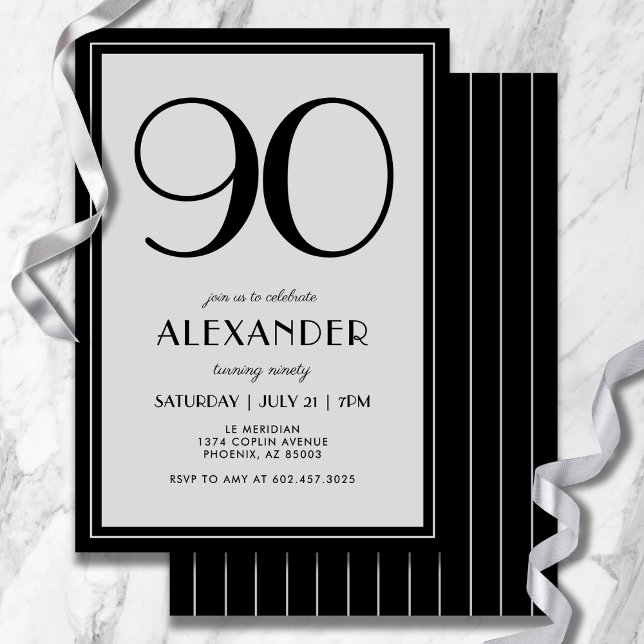 Convites 90th Birthday Modern Minimalist Mens Black Gray (Modern black and light gray design—minimal, bold, and effortlessly stylish.)