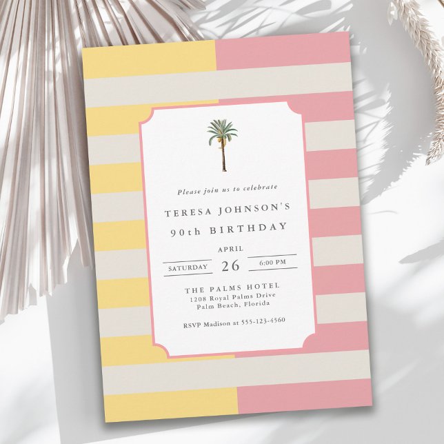 Convites 90th Birthday Palm Beach Pastel Stripe Tropical (Criador carregado)
