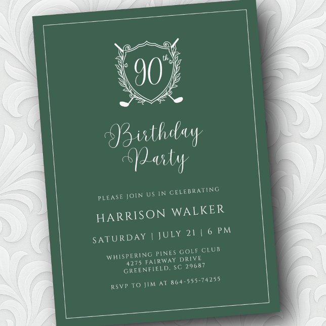 Convites 90th Birthday Party Golf Crest Elegant Script Sage (Easy to personalize in minutes.)