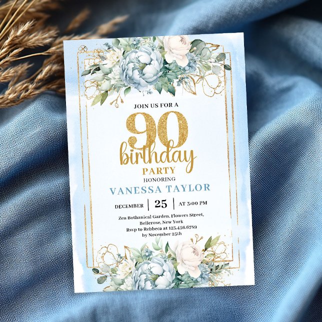 Convites 90th Birthday Party Invite Elegant Dusty Blue  (90th Birthday Party Invite Elegant Dusty Blue Floral Gold Frame

)