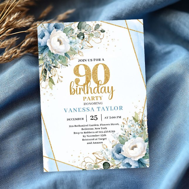 Convites 90th Birthday Party Invite Watercolor Blue Flowers (90th Birthday Party Invite Watercolor Blue Flowers Glitter

)