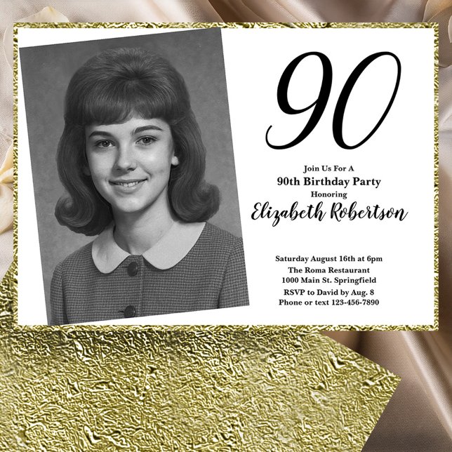 Convites 90th Custom Photo White and Gold  (Criador carregado)