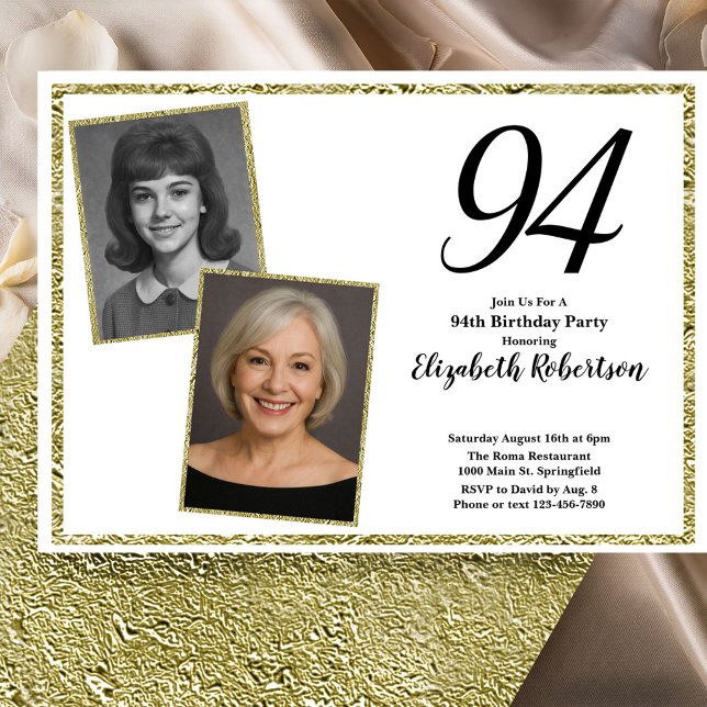 Convites 94º Personalizado Foto Branco e Dourado  (Criador carregado)