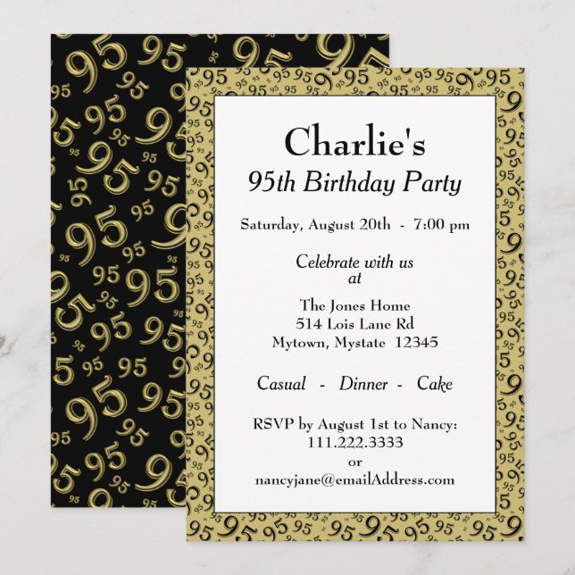 Convites 95.º Aniversário Padrão de Número Aleatório preto/ (Frente/Verso)