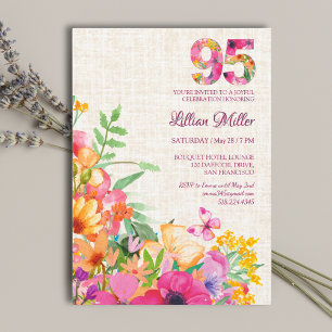 Convites 95 anos flores Floral Linen 95.o aniversário