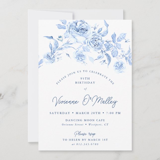 Convites 95th Birthday Party Dusty Blue Floral (Frente)