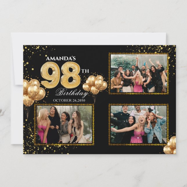 Convites 98 th Birthday Gold Silver Black Balloons (Frente)