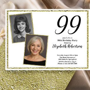 Convites 99º Personalizado Foto Branco e Dourado