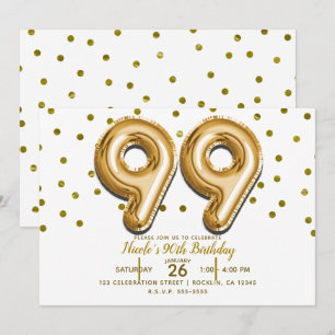 Convites 99 Balões Dourados e Confetes Festa de Aniversário