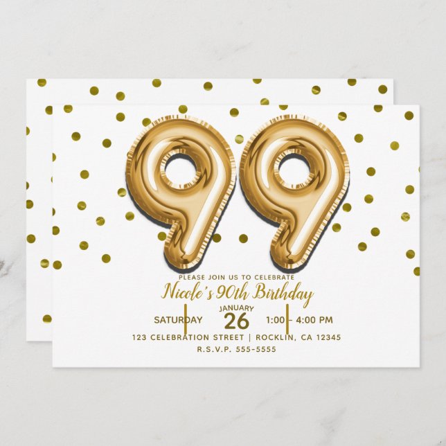 Convites 99 Balões Dourados e Confetti 99ª Festa de anivers (Frente/Verso)