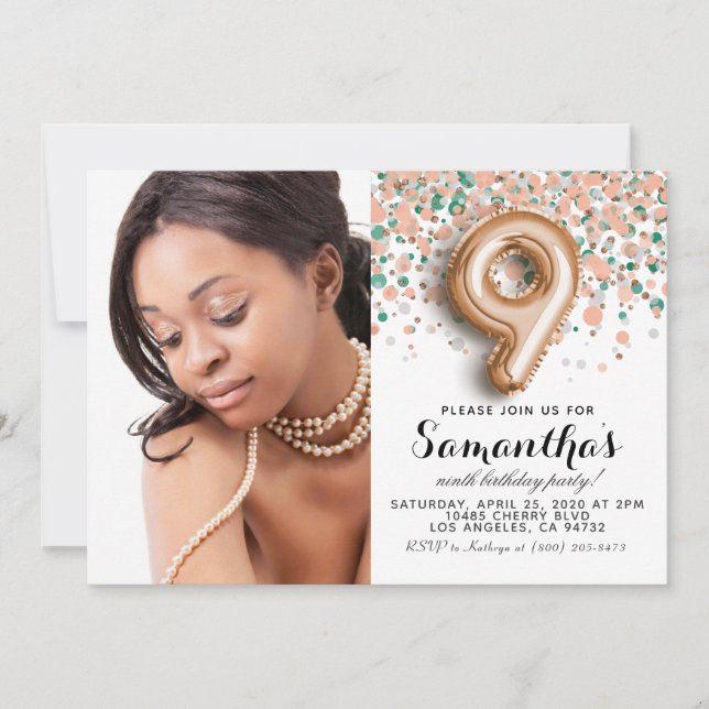Convites 9.º Aniversário Confetti Dourado Retrato (Frente)