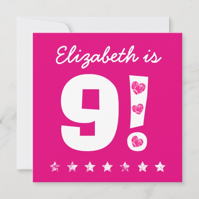 Convites 9.º Aniversário Nome personalizado cor-de-rosa par (Frente)