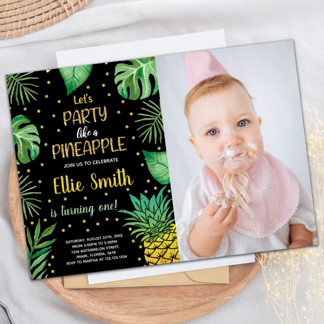 Convites a abacaxi verde de 1rua com foto (1st Black Green Pineapple Invitations with photo)