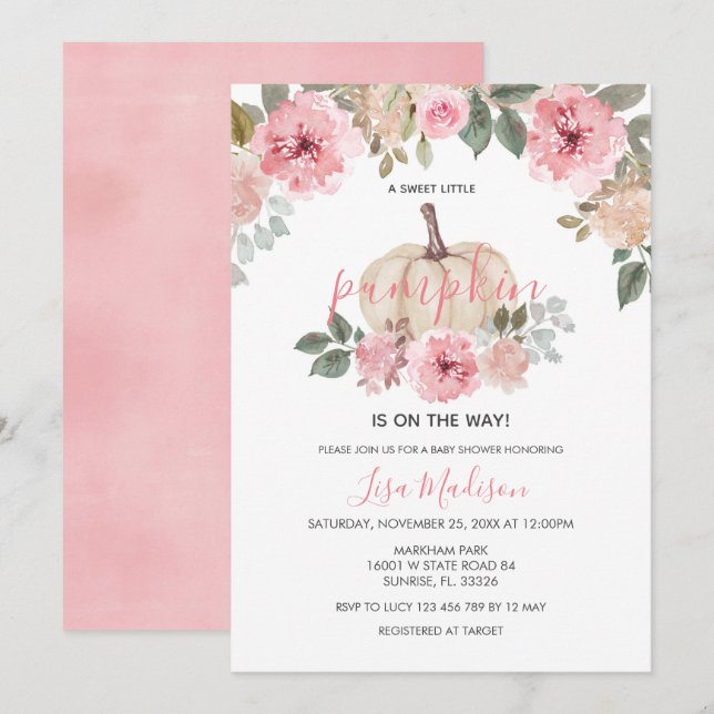 Convites A abóbora rosa está no caminho do Chá de fraldas (Frente/Verso)