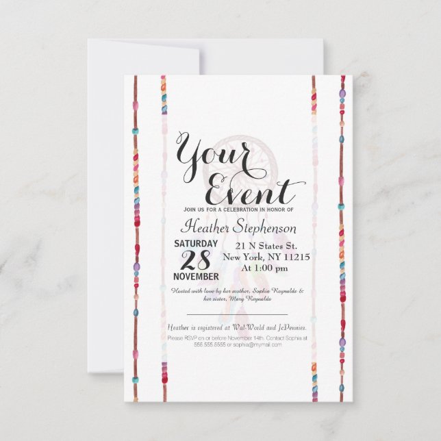 Convites A aguarela pintado mão Dreamcatcher perla a pena (Frente)