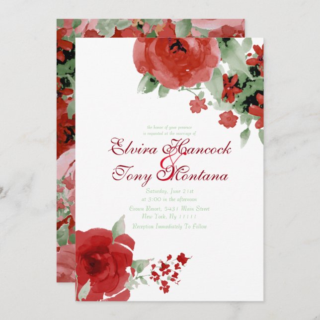 Convites A aguarela vermelha vibrante aumentou, Wedding (Frente/Verso)