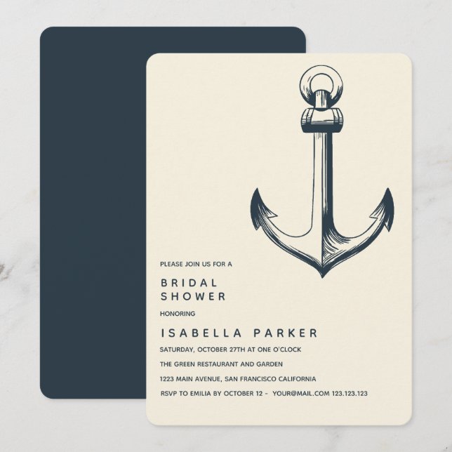 Convites A âncora azul | Chá de panela de casamento (Frente/Verso)