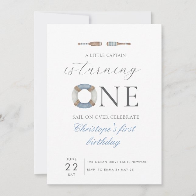 Convites A aquarela azul O nosso pequeno capitão está a vir (Frente)