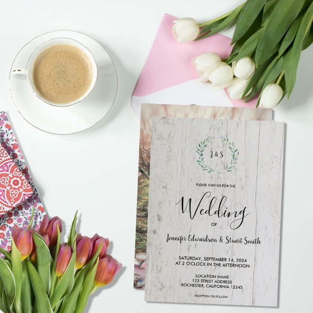 Convites A aquarela russa deixa foto de monograma Casamento (Rustic watercolor leaves on barn wood monogrammed photo Wedding Invitation.)