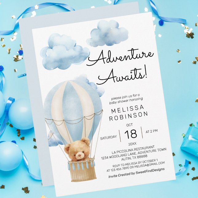 Convites A aventura aguarda o chá do bebê urso de pelúcia (Adventure awaits teddy bear baby boy shower invitation)