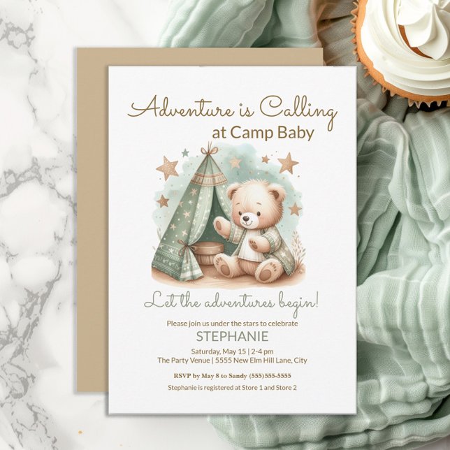 Convites A Aventura chama o Chá de fraldas do Campo (Adventure Awaits at Camp Baby cute teddy bear baby shower invitation. Gender neutral.)
