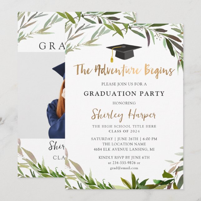 Convites A Aventura Começa A Graduação Dourada Em Verde (Frente/Verso)