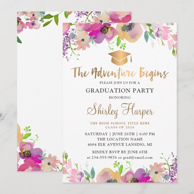 Convites A Aventura Começa A Graduação Floral De Script Dou (Frente/Verso)