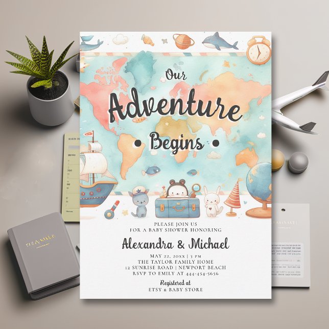 Convites A Aventura Começa A Mapear Casais Chá de fraldas N (our adventure begins baby shower invitation gender neutral cute world map watercolor cute adorable)