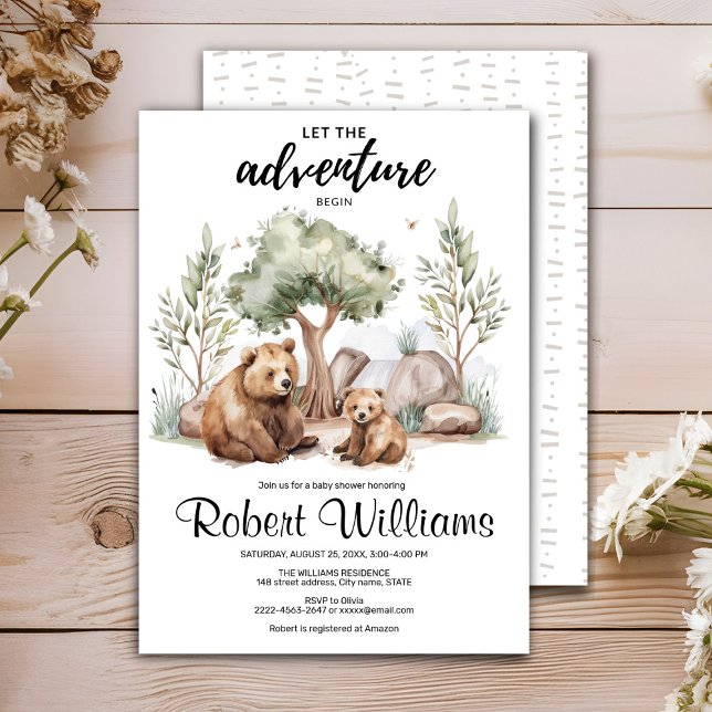 Convites A aventura da mamã aguarda chá de fraldas (Cute mommy bear baby shower invitation , let the adventure begin)