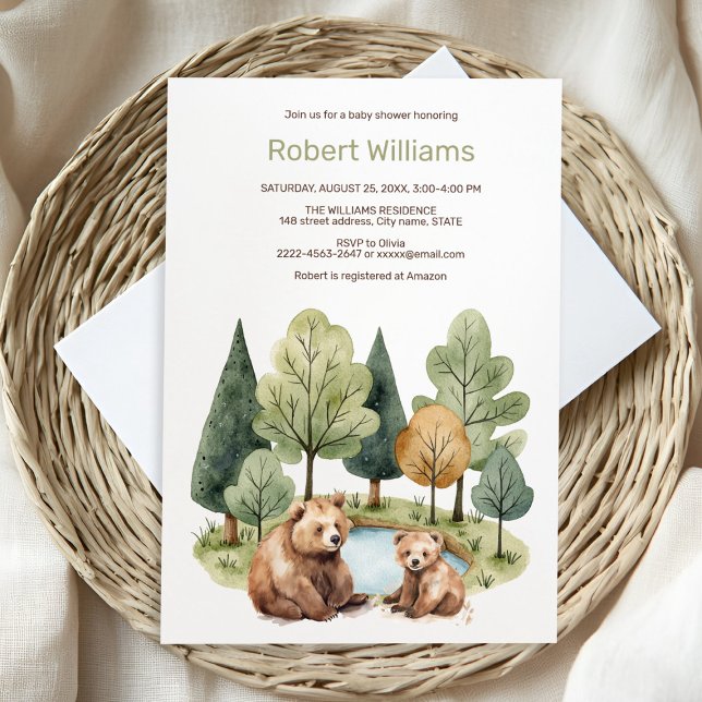 Convites A aventura da mamã aguarda chá de fraldas (“Adorable Watercolor Mama & Baby Bear Invitation – Perfect for a Woodland Baby Shower!”)