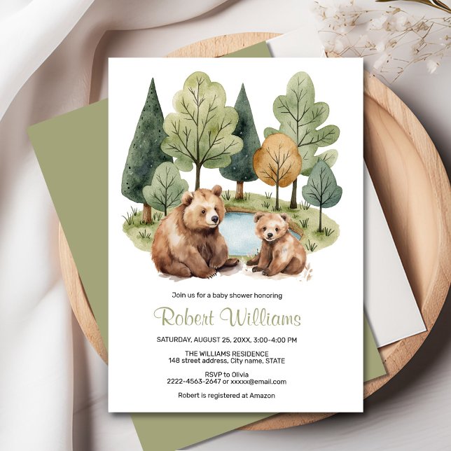 Convites A aventura da mamã aguarda chá de fraldas (“Adorable Watercolor Mama & Baby Bear Invitation – Perfect for a Woodland Baby Shower!”)