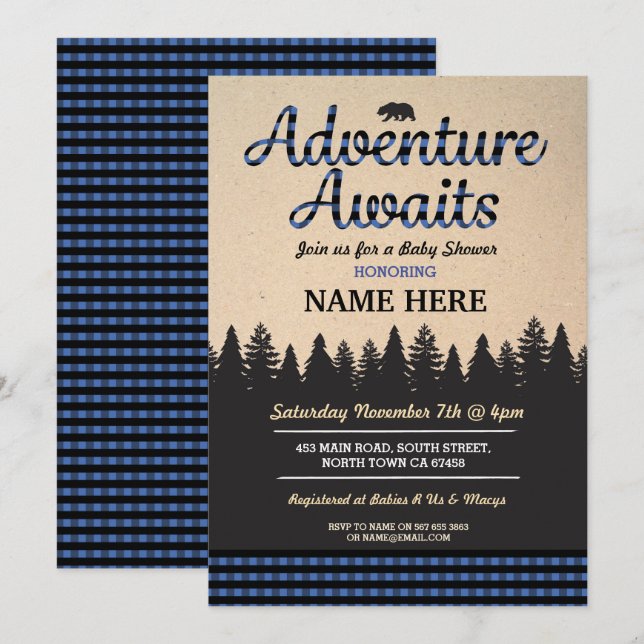 Convites A aventura espera o lenhador que o chá de fraldas (Frente/Verso)