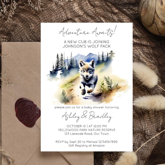 Convites A aventura temida Wolf aguarda chá de fraldas (Adventure awaits wolf themed baby shower editable template invitation watercolor wolf cub wilderness)