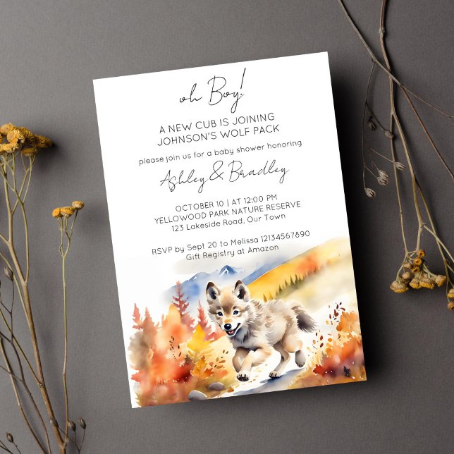 Convites A aventura temida Wolf aguarda chá de fraldas (Wolf themed baby shower template invitation digital download cute pup running Alaska wilderness)