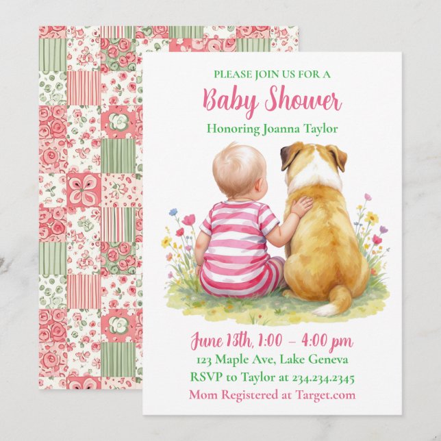 Convites A Baby and Her Dog | Girl's Pink Baby Shower (Frente/Verso)