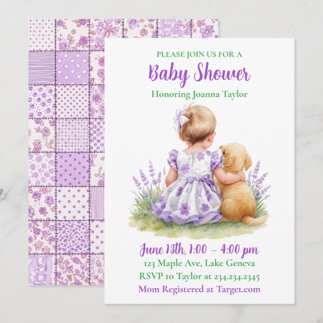 Convites A Baby and Her Dog | Girl's Purple Baby Shower (Frente/Verso)