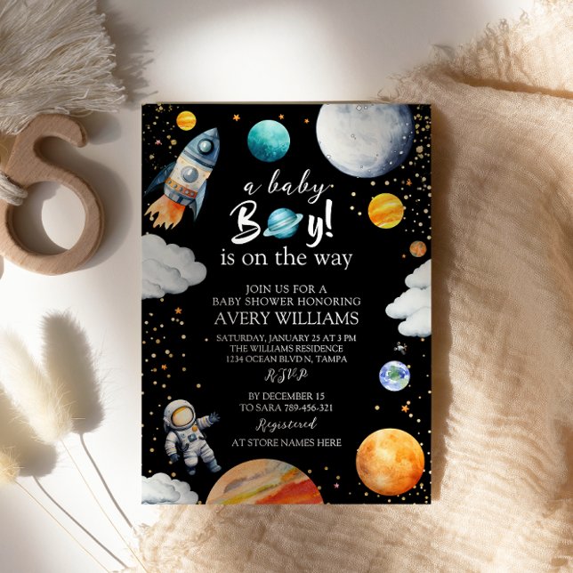 Convites A Baby Boy Is On The Way Black Space Baby Shower (Criador carregado)