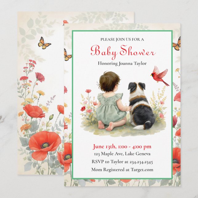 Convites A Baby Girl and her Puppy Baby Shower Invitation (Frente/Verso)