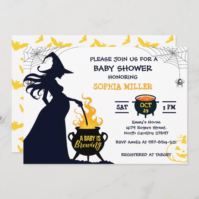 Convites A Baby Is Brewing Halloween Witch Baby Shower (Frente/Verso)