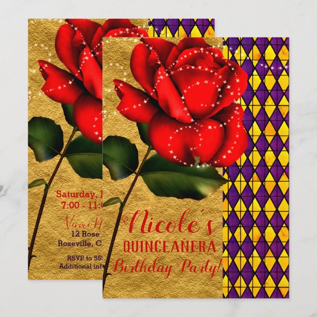Convites A Bela e a Fera Rosa com Brilho Vermelho Quinceañe (Frente/Verso)