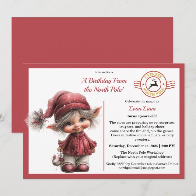 Convites A Birthday From the North Pole | Whimsical Elf  (Frente/Verso)
