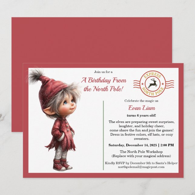 Convites A Birthday From the North Pole | Whimsical Elf  (Frente/Verso)