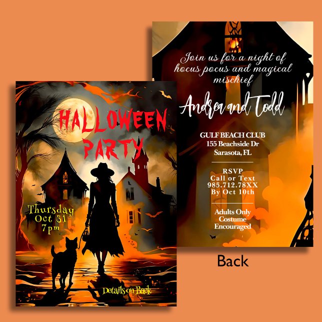 Convites A bruxa elegante e a silhueta de gato do Halloween (Criador carregado)